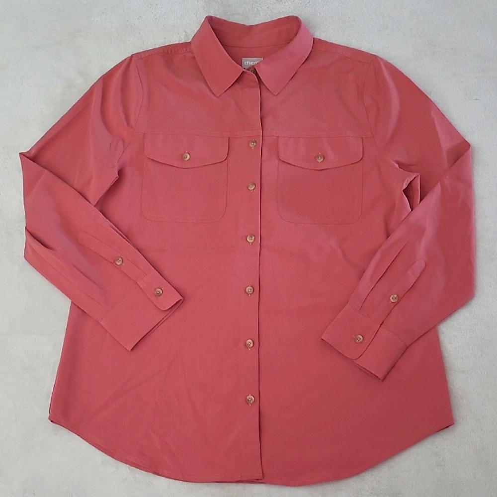 Chicos Utility Button Down Blouse US 8 10 Pink Modal Stretch Long Sleeve Top